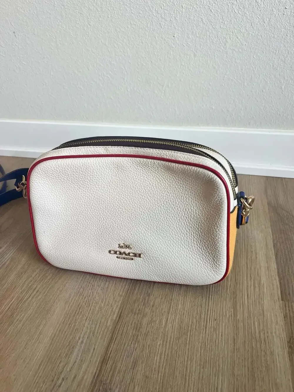 Coach, Color Block Pebble Leather, 2 Zipper Crossbody,Neutral,Gold,Luxury,Travel